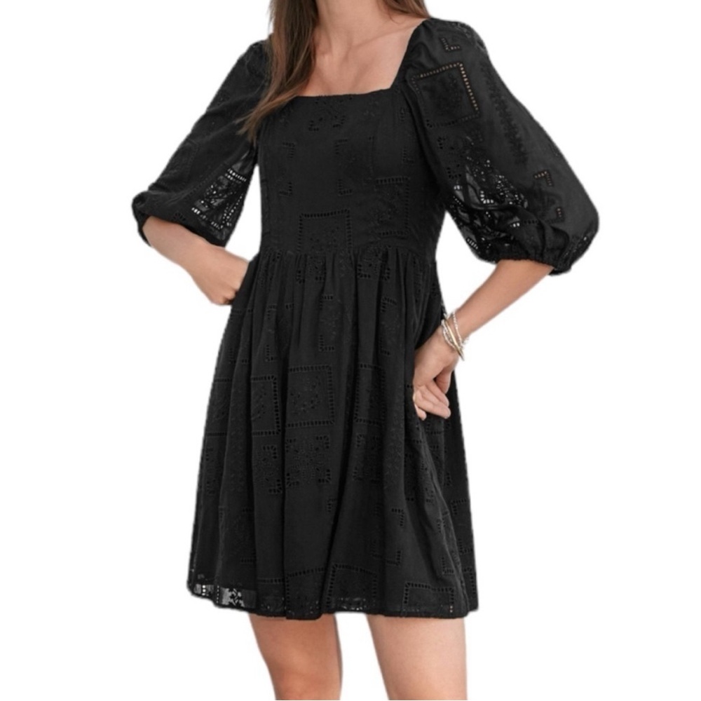 Johnny Was Eyelet Mini Dress Tonal Black Cotton Silk Embroidered Puff Sleeve M